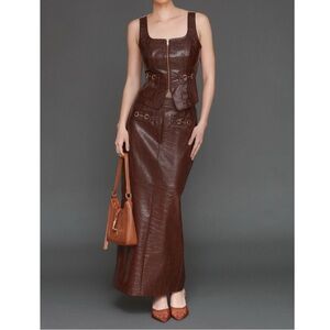 Avec Les Filles Brown Chocolate Faux Leather Buckle Detail Maxi Skirt / Vest Set